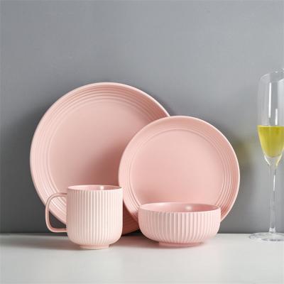 China Wholesale Dishwasher Safe Nordic Matte Pink Striped Wedding Banquet Serving Table Ceramic Dinner Set With Logo for sale