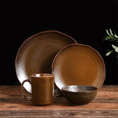 China Viable High End Product Luster Vintage Style 16pcs Dinnerware Restaurant Dishes Reactive Ceramic Dinnerware Set for sale