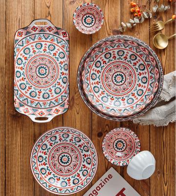 China Sustainable Elegant Custom Machine Printing Pattern Bohemia Style Table Dining Ceramic Dinner Set For Home Restaurant for sale