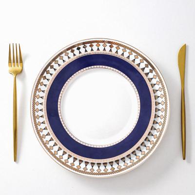 China Luxury Serving Banquet Sustainable High Quality Wedding Round Printing Ceramic Plates Plates With Gold Rim for sale