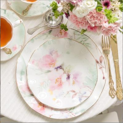 China New Arrival Sustainable Design Flower Cake Dessert Plates Luxury Fancy Decal Printed Dish Eco-Friendly With Gold Rim for sale