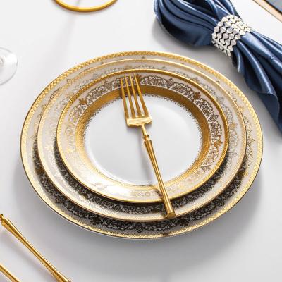 China Sustainable Elegant Decal Printed Gold Luxury Ceramic Dinner Plate Set For Wedding Banquet for sale