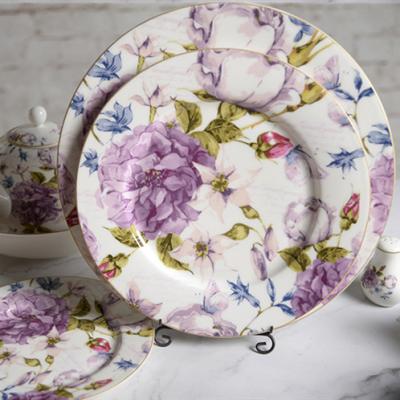 China Eco-friendly Exquisite Decal Printed Round Cake Plate Ceramic Dish Flower Pattern Items Round Cake Plate With Gold Rim for sale