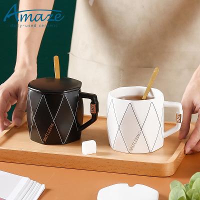 China Sustainable Durable Geometric Rhombus Matte Color Porcelain Nordic Ceramic Coffee Customized Mugs With Lid for sale