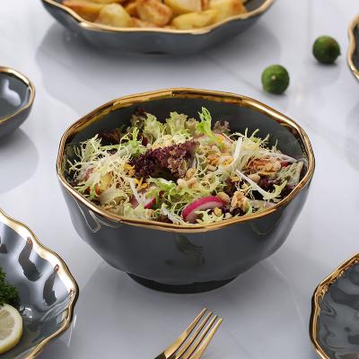 China Restaurant Customized Sustainable Home Kitchen Used Luxury Tableware Shiny Gray Ceramic Soup Rice Salad Bowl With Gold Rim for sale