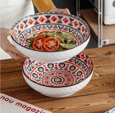 China Viable Hot Sale Custom Printed Restaurant Home Serving Tableware Round Ceramic Noggin Salad Soup Bowl With Logo for sale