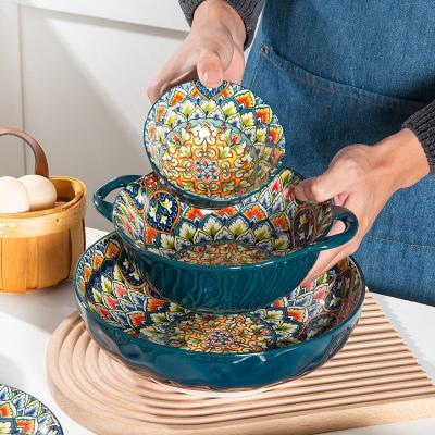 China Viable Wholesale Bohemian Style Printed Ceramic Flower Pattern Rice Salad Soup Bowl With Double Handle for sale