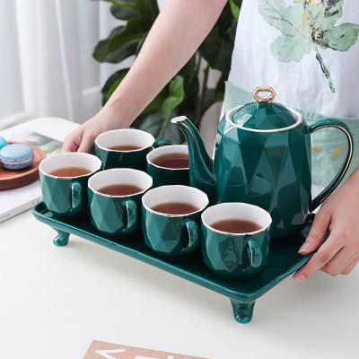 China Hot Selling Gift Sustainable Items European Style Green Modern Ceramic Tea Set With Gold Rim And Tray for sale