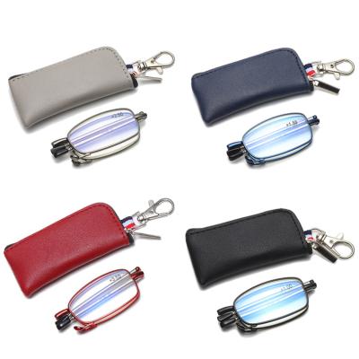 China Hot Selling Mini Folding Reading Glasses Unisex Portable High Quality Style Retractable With Mini Portable Leather Pocket for sale