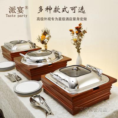 China Rectangle Wooden Buffet Food Warmer Display 9L Chafing Dish With Stand Tray Hydraulic Electric Heater Wooden Chafing Dish for sale