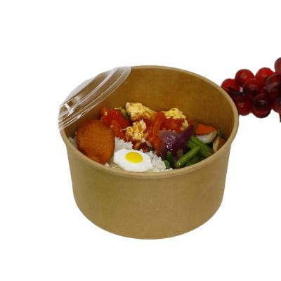 China Biodegradable Disposable Kraft Paper Salad Puffs 1000ml With PET PP Lid Take Out Food Container for sale