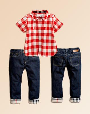 China Fashionable New Arrivel Kids Red Plaid Baby Clothing Boys Cotton Short Sleeve Shirts Denim Short Jeans Pants Clothes Set 2in for sale