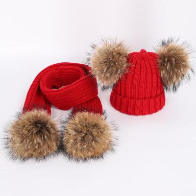 China Medium Top Selling Cute Blank Warm Autumn Winter Knitted Mom Baby Hats With Two Fur Ball Scarf 2 Pcs Kids Boys Winter Woolen Sets for sale