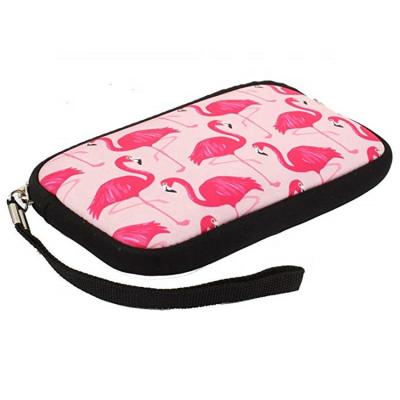 China Customized Larger Capacity Recyclable Premium Flamingo Design Neoprene Cosmetic Bag Multifunctional Coin Pouch With Strap for sale