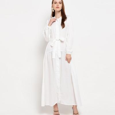 China Women Long Sleeve Anti-Static White Shirt Dress High Waist Bow Tied Maxi Muslim Blouse Dresses for sale