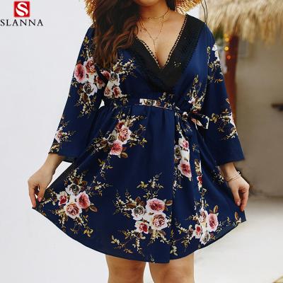 China Slanna Plus-Size Women's Spring V-neck Breathable Dress 2021 New/Summer Printing for sale