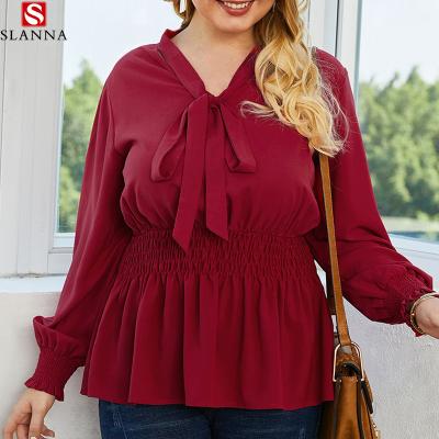 China Plus size Slanna plus size spring/long sleeve loose top 2021 summer with bow tie for sale