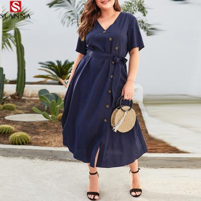 China 2021 Summer Breathable Large Size Women's Slanna Elegant V-Neck Dress Cusal Loose Dress for sale