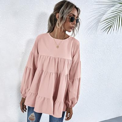 China New arrival slanna anti-pilling solid coat vintage o neck ruffles cotton casual women's long puff sleeves top blouse for sale