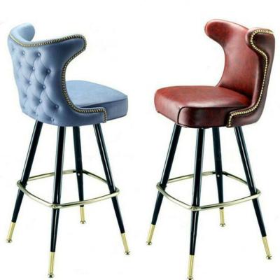 China Luxury Modern Style Dining Wood Leg Design With Modern Nave Blue Velvet Restaurant Bar Chair High Gold Metal Cover Bar Stool for sale