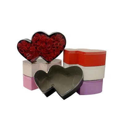 China Recycled Materials high quality double heart transparent lid flower gift Box 2-piece heart flower box Heart rose box for Valentine's for sale