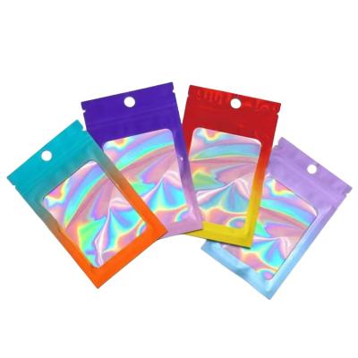 China Moisture Proof Gradient Holographic Bags Resealable Mylar Bags with Zipper Clear Window Smell Proof Bag for Food Storage Sample Jewelry Baggies for sale