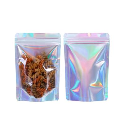 China Moisture Proof Iridescent Holographic Mylar Zipper Bags With Clear Window Rainbow Hologram Smell Proof Self Standing Up Pouches for sale