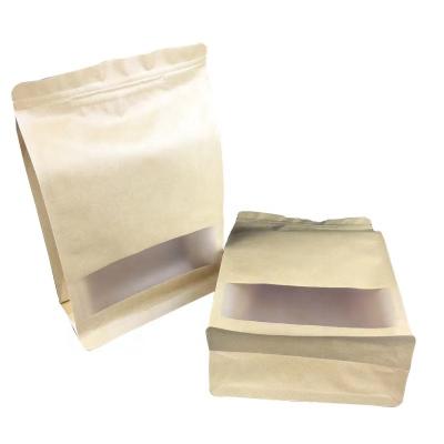 China Moisture Proof Recyclable Flat Bottom 8 Sides Heat Sealed Kraft Paper Standing Up Bags with Clear Window Custom Kraft Paper Square Bottom Bags for sale