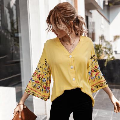 China Spring and Autumn Ladies Breathable Unique Design Cotton and Canvas V-Neckline Casual Shirt for sale