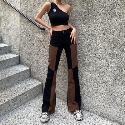 China Breathable Street Wear Ladies Pants Womens Jeans Patchwork Design With Pockets High Waist Womens Trousers And Slacks for sale