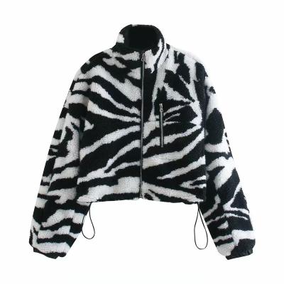 China Breathable 2021 New Style Faux Lamb Fur Zebra-Stripe Printed Faux Fur Shorts Coat And Jacket For Women for sale