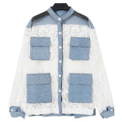 China Oversized Breathable Fashion See Through Button Women's Soft Denim Washer Woven Lace Coats for sale