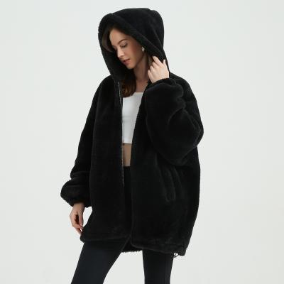 China New Arrivals Breathable Sheath Thick Long Faux Fur Hoodie Coat Black Winter Teddy Coats For Ladies for sale