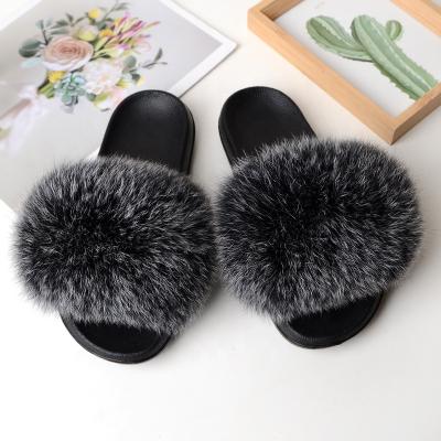 China 2021 Fashion Trend Fox Fur Sandals Real Fur Slides Indoor Solid Color Outdoor Fur Slippers For Women for sale