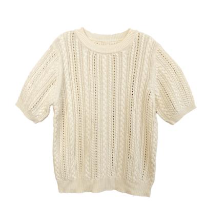 China Spring Anti-wrinkle Spring Summer Maid Cotton Knitwear Round Neck Crochet Feminine Ivory Chic Lady Cable Short Warm Sleeve Sweater for sale