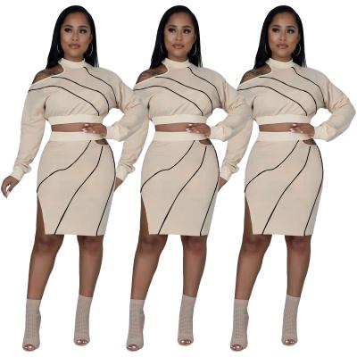 China 2022 New Summer Breathable Women Clothes Women Clothing Crop Striped Two Piece Main 2 Pieces Outfit Mini Long Sleeve Dress Skirt Suit for sale