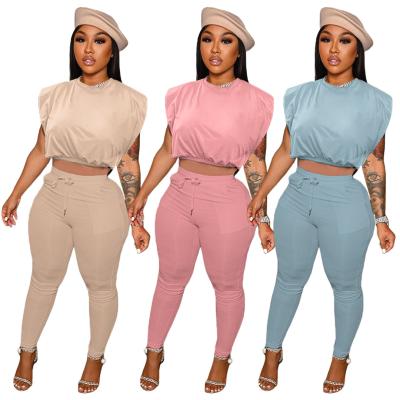 China 2022 New Arrivals Breathable Solid Two Piece Pants Set Spring Casual Women Sleeveless Summer Clothes Crop Top 2 Piece Ladies Legging Suit for sale