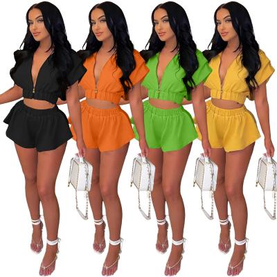 China 2022 Living Room Breathable Summer Two Piece Solid Color Outdoor Zipper Tops Jacket Spandex 2 Piece Set Casual Two Piece Short Outfits Set for sale