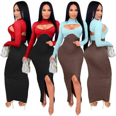 China 2021 Autumn Lady Bandage Crop Top 2 Solid Piece Maxi Skirt Set Women Clothing Elegant Casual Breathable Dress New Arrivals Sweatshirts for sale