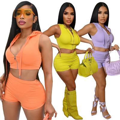 China 2021 Women Breathable Two Piece Hoodies Sleeveless Crop Tops Bodycon Pants Summer Biker Shorts 2 Piece Tracksuit Sweatsuit Set for sale