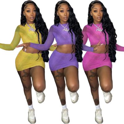 China 2 Pieces 2021 Women's Modern Casual Fashionable Casual Dress Breathable Mini Mesh Shorts Skirt Crop Tops Fall Clothing 2 Pieces Outfit Skirt Set for sale