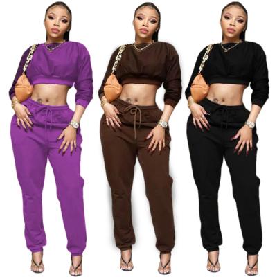 China 2021 Fashion Breathable Casual Joggers Crop Fleece Sweatshirt 2 Piece Women's Drawstring Sweatpants Solid Suit Jogging Pants Sweat Sets for sale