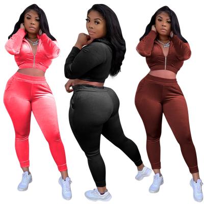 China Winter Breathable Velor Hoodie Two Piece Cropped Casual Velvet Two Piece Sweatpant Tracksuit Joggers 2 Piece Pants Woman Sweat Suit for sale