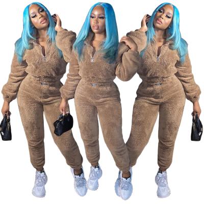 China 2021 New Women's Breathable Casual Winter Clothes Zipper Sweatshirt Sports Tracksuit Tracksuit Thick Warm Fleece Crop Hoodie 2 Piece Set for sale