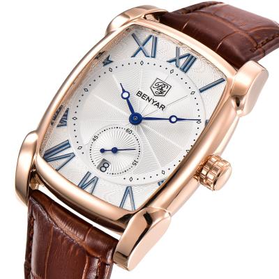 China BENYAR waterproof men's chronograph fashion sports waterproof leather strap luxury classic rectangular case quartz watch for sale