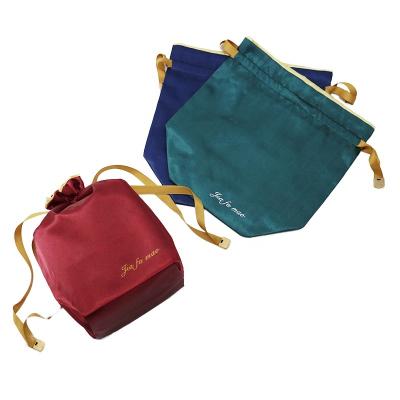 China Double layer silk satin silk packaging wig bag logo jewelry custom package global package cosmetics bottom drawstring bag in stock for sale