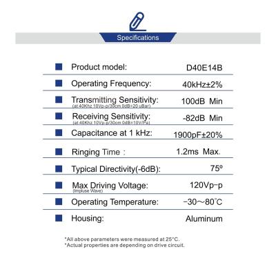 China High Accuracy 40kHz Ultrasonic Position Sensor Transmitter With 14mm For DECVI Factory Alarm for sale