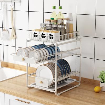 China Stainless Steel Free Standing Foldable Shelf Drain Rack Space Saving Drawer Dish Storage Rack for sale