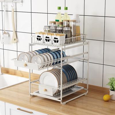 China Multifunctional Viable Drain Tray Rack Kitchen Shelf Cabinet Dishes Tableware Storage Box for sale