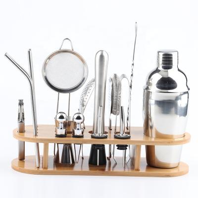 China Personalized Stainless Steel Viable Shaker Bamboo Wood Stand Cocktail Shaker Set Silver Bar Included Metal Spoon for sale